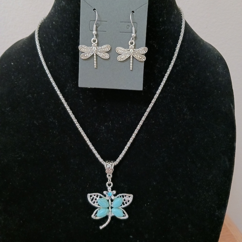 2 item-FAUX TURQUOISE DRAGONFLY GEMSTONE SILVERTONE NECKLACE & DRAGONFLY EARRING
